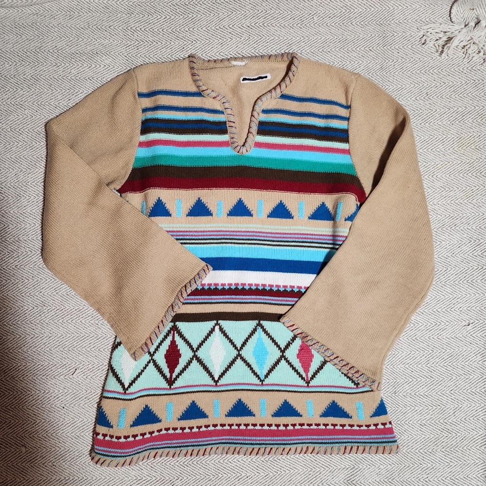 Vintage 70s Multicolor Geometric Pattern Split Neck Sweater With Bell Sleeves